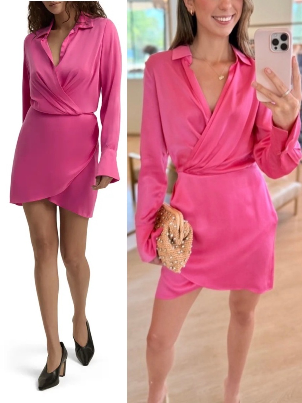 Favorite Daughter the Dinner Party Mini Shirt Dress Flamingo Pink Long Sleeve